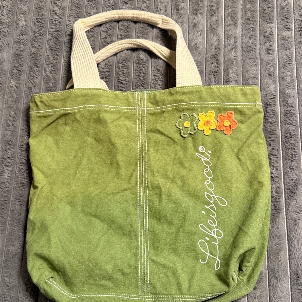 Life Is Good green canvas Tote with Floral Accents